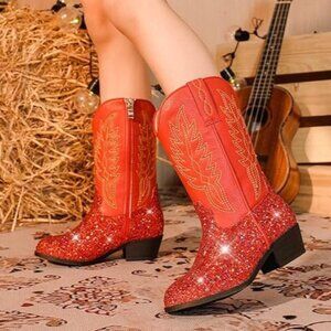 Cowboy Boots Red Glitter w/ Embroidered Design Western Style - Size 12